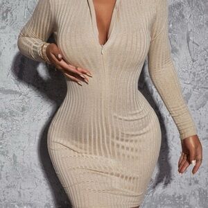 SHEIN Beige Ribbed Long Sleeve Dress